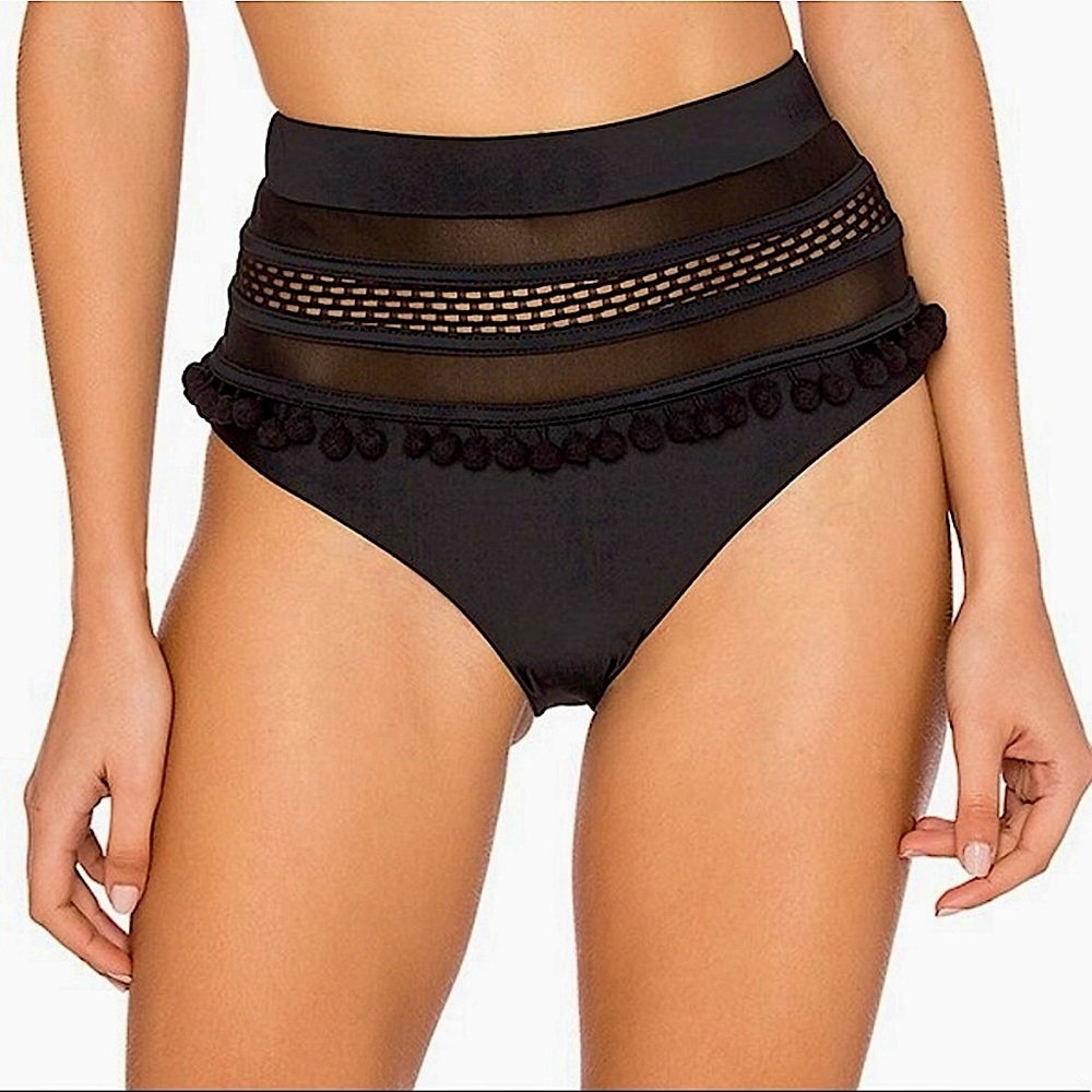 Tularosa Thessy Pom Pom High Waist Bikini Bottom in Black
